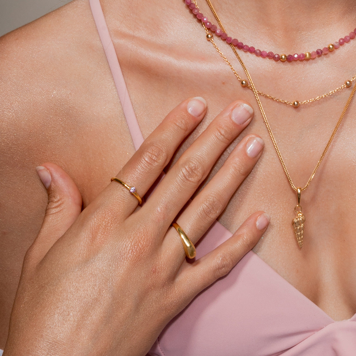 Pierścionek COLORS srebrny pozłacany - różowy kamień