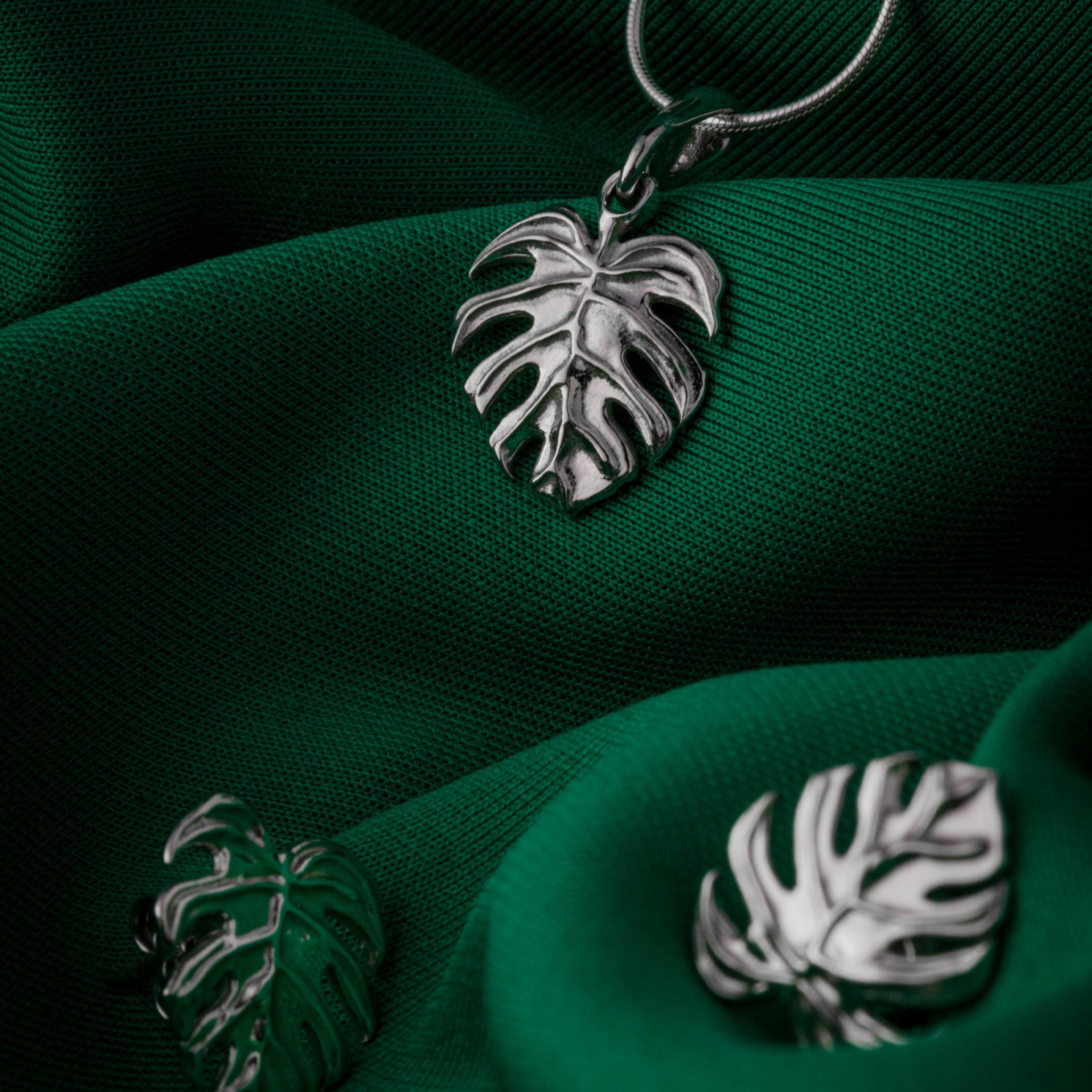 Zestaw ROŚLINNY srebrny - łańcuszek, zawieszka i kolczyki