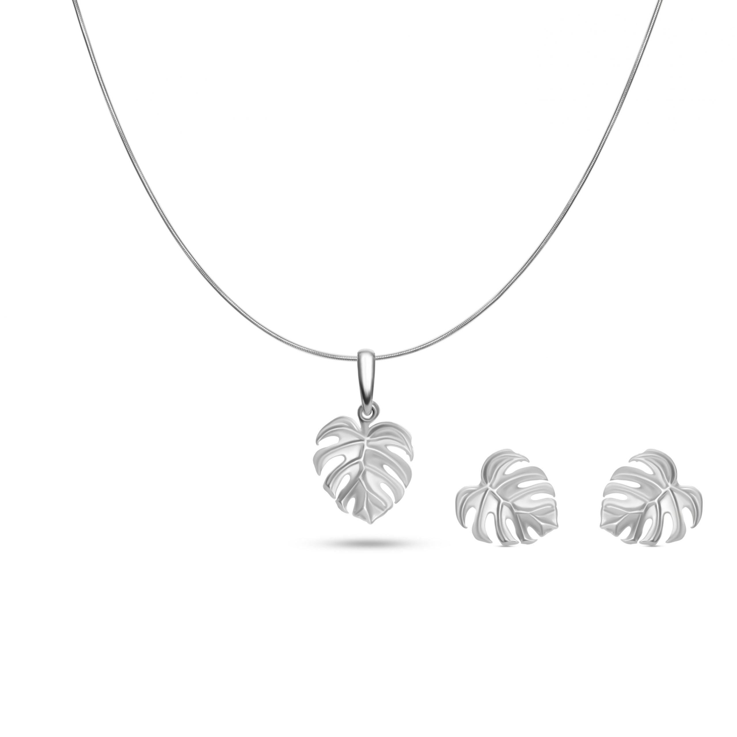 Zestaw ROŚLINNY srebrny - łańcuszek, zawieszka i kolczyki